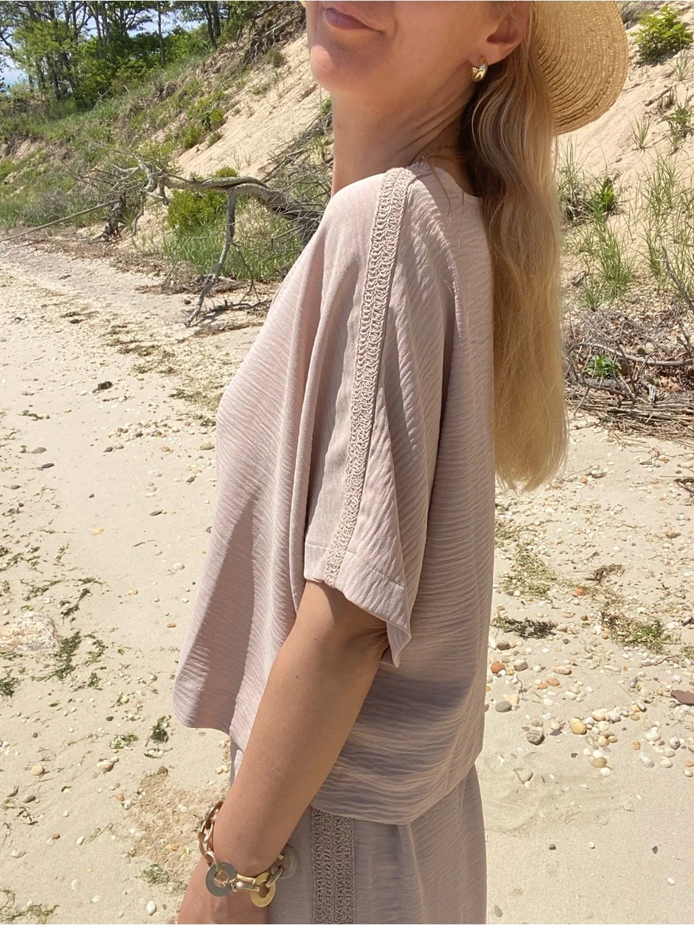 ADRIANNA PAPELL Bamboo Relaxed V-Neck Crop Top & Wide Leg Pants 2 Piece Set! 🐚